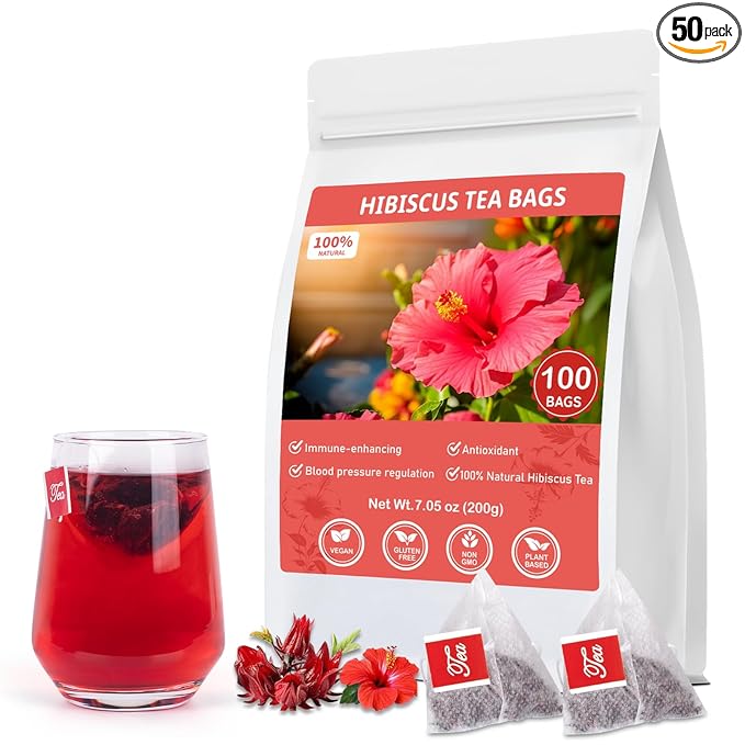 Hibiscus Tea Bags, 100% Natural Hibiscus Flowers Herbal Tea Supports Heart Health, Boosts Immune，Caffeine Free, Non-GMO, No Sugar（1 Pack/100 Bags)