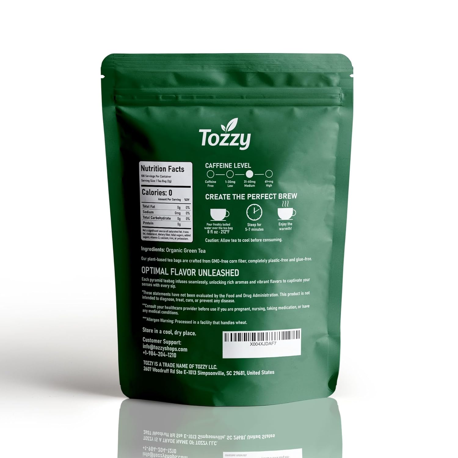 Tozzy Organic Green Tea – 100 Count, Plant-Based Pyramid Tea Bags