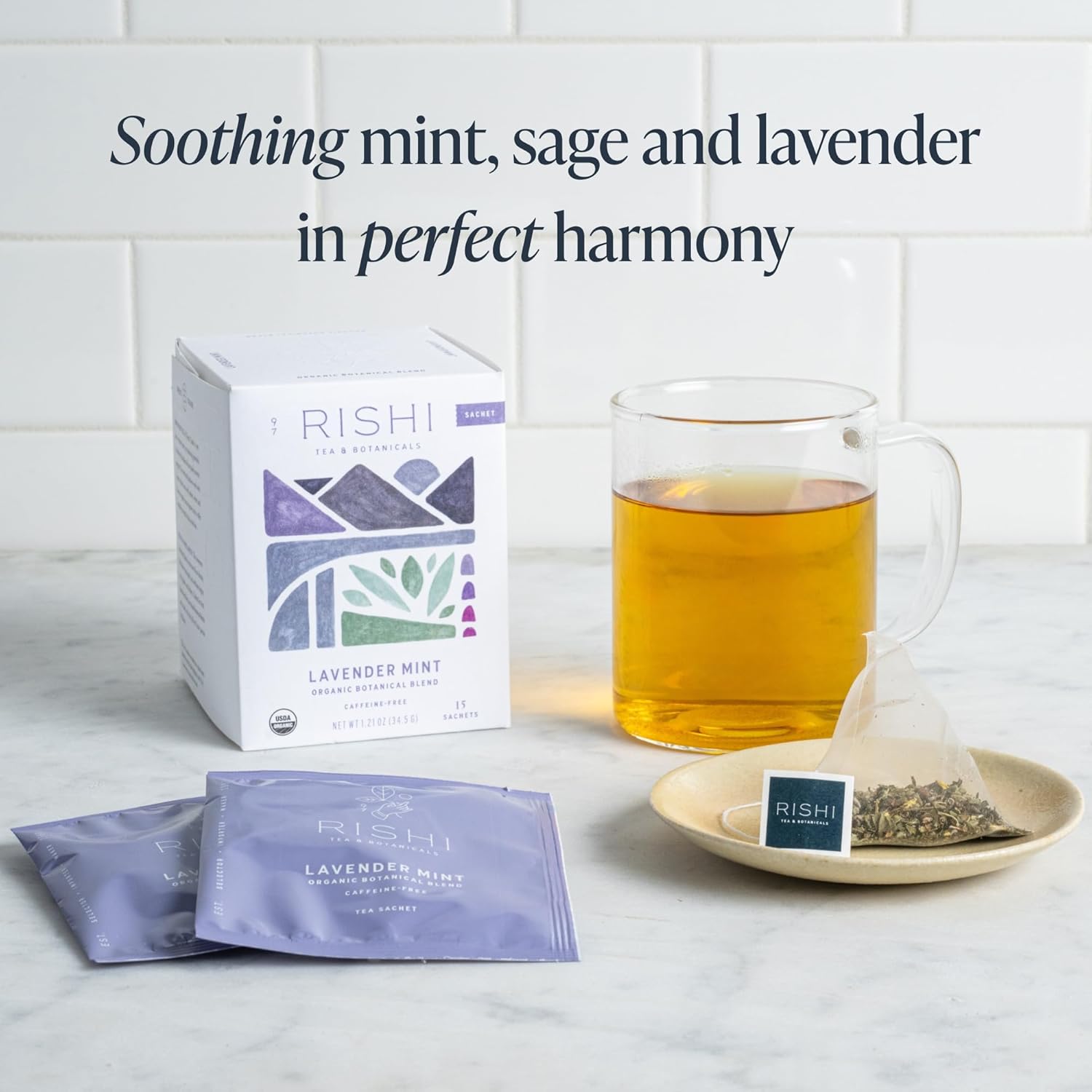 Rishi Tea Lavender Mint Herbal Tea - Organic, Caffeine Free Sachet Bags, Calming Lavender with Peppermint & Sage - 15 Count (Pack of 1)
