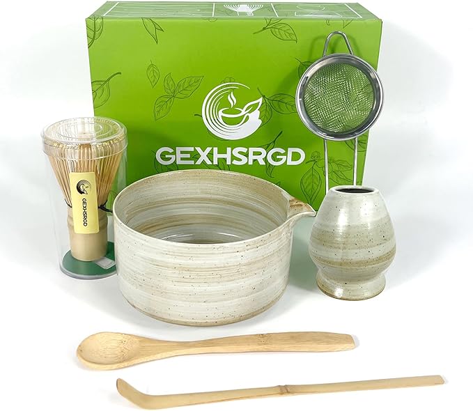 Matcha Whisk Set 6 pc Kit - Traditional Japanese Chasen, Bamboo Whisk Holder, Ceramic Bowl with Spou