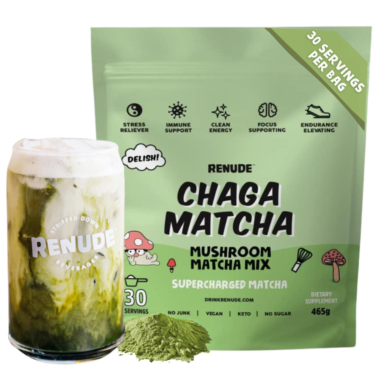 Renude Chaga Matcha - Ceremonial Grade Matcha Mushroom Powder, 30 Servings