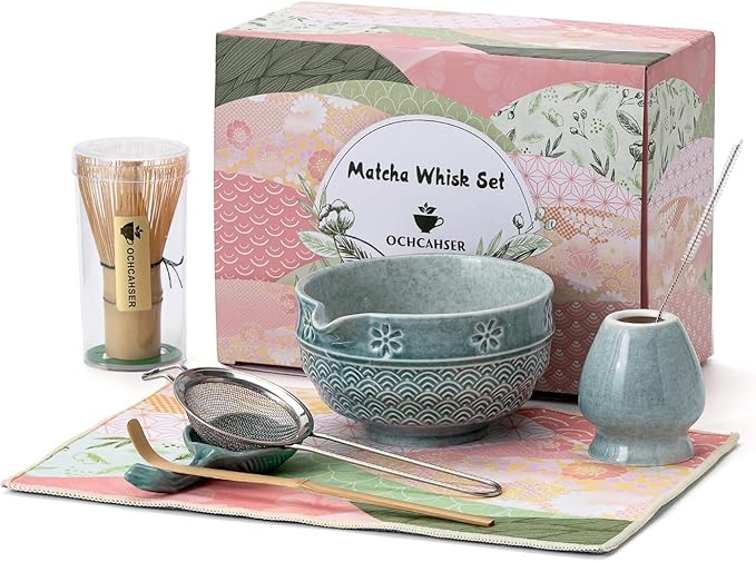 Matcha Tea Set, 8 Pcs Japanese Matcha Kit with Cherry Blossom and Wave Design Ceramic Bowl, Bamboo Whisk, Whisk Holder, Scoop, Sifter, Brush, Matcha Kit Set for Matcha Lovers (Blue)