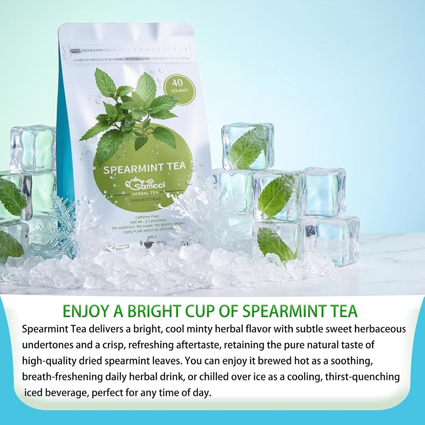 Samcci Spearmint Tea Bags, 40 Counts, Pure Dried Spearmint Leaf | Supports Digestion, Fresh Breath, Women's Wellness &amp; Balance, 100% Natural Dried Leaves, Non-GMO, Caffeine-Free