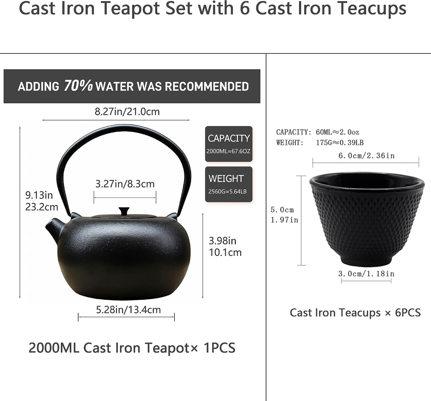 67.6oz Large Cast Iron Teapot and Cups Set, Black Enameled Tea Kettle for Stovetop, Heavy and Durable Tea Pot with Stainless Steel for Loose Tea, Chinese Tea Set for Gift, 2000ML