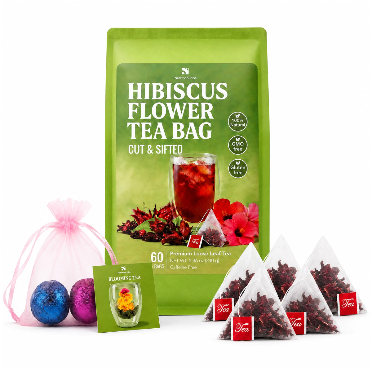 NUTRITIONLABS Hibiscus Tea Bags, 100% Dried Hibiscus Flower, Caffeine Free, 60 Count