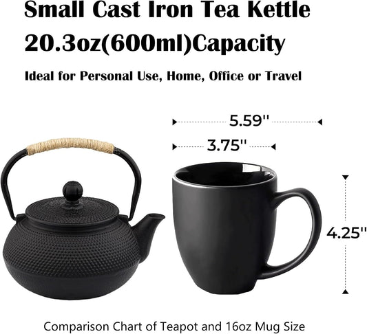 20.3oz Only, Small Tea Kettle for 1-2 Cups, Japanese Tetsubin, Cast Iron Teapot with Stainless Steel Infuser for Loose Leaf &amp; Coffee, Tea Pot for Stovetop Safe, Enamel Interior(Black, 600ml)