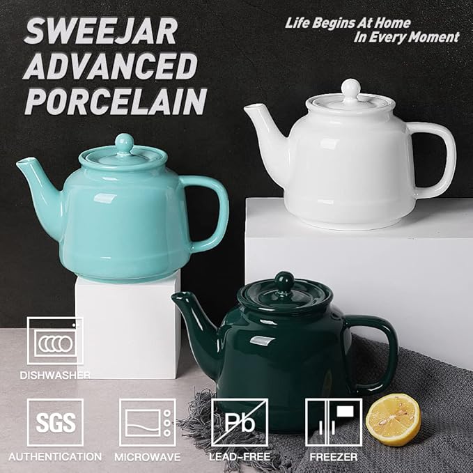 Sweejar 35 oz Porcelain Tea Pot, Teapot with Removable 18/8 Stainless Steel Infuser, Microwave & Dishwasher Safe Tea Maker