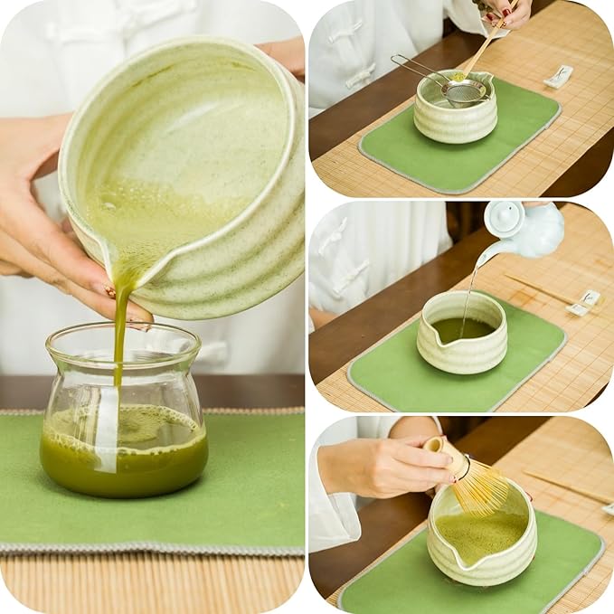 Matcha whisk Set,7 Pcs Matcha Making Kit with whisk Whisk, Ceramic Bowl, Sifter, Scoop, Holder, Stand, and Tea Towel for Ultimate Matcha Experience（Mottled Green）
