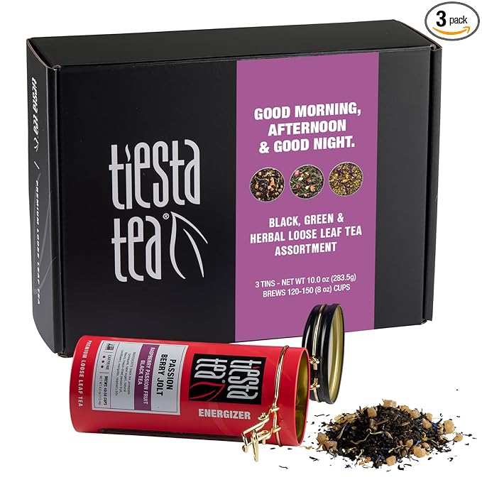Tiesta Tea - Loose Leaf Tea Tin Gift Box, High to Non-Caffeinated Assorted Blends, 3 Tins for Hot & Iced Brews Variety Pack, Passion Berry Jolt, Fruity Paradise, & Lavender Chamomile