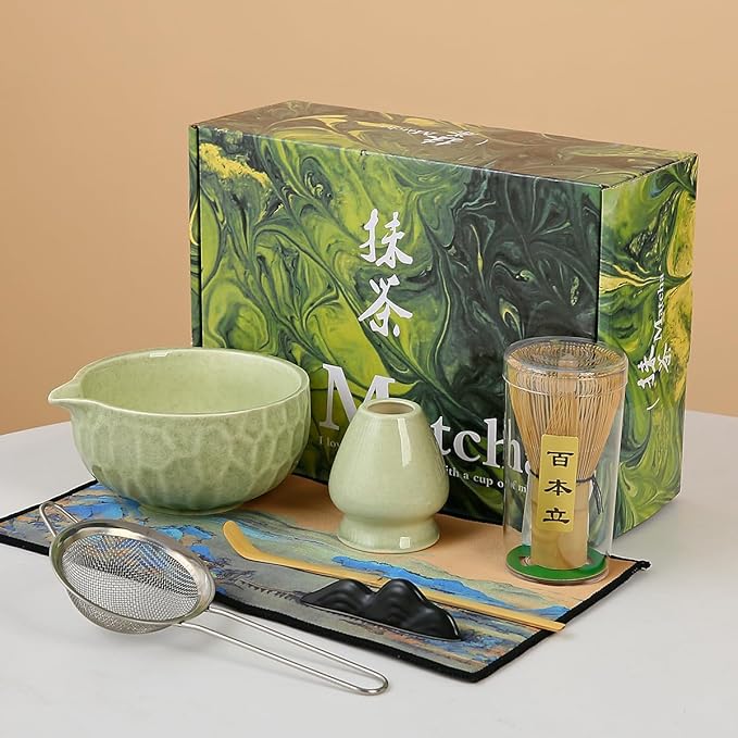 7-Piece Matcha Whisk Set, green Ceramic Matcha Bowl with Unique Diamond Design, Bamboo Whisk, Scoop,