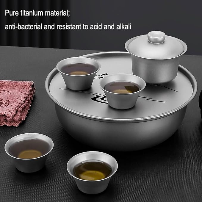 Portable Titanium Tea Set Lightweight 130ml Gaiwan & 4 Mini Teacups Storage Water Tea Tray Outdoor Picnic Hiking Chinese Gongfu Tea Kit Storage Bag