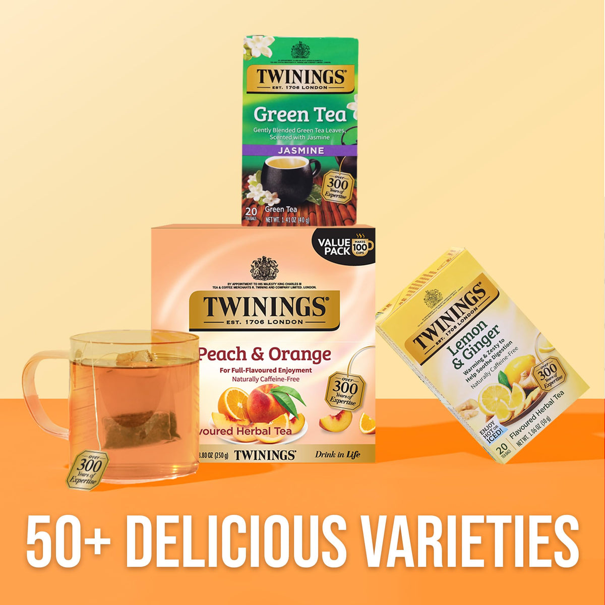 Twinings Peach & Orange Herbal Tea Individually Wrapped Bags, 100 Count (Pack of 1), Juicy & Fruity, Naturally Caffeine-Free