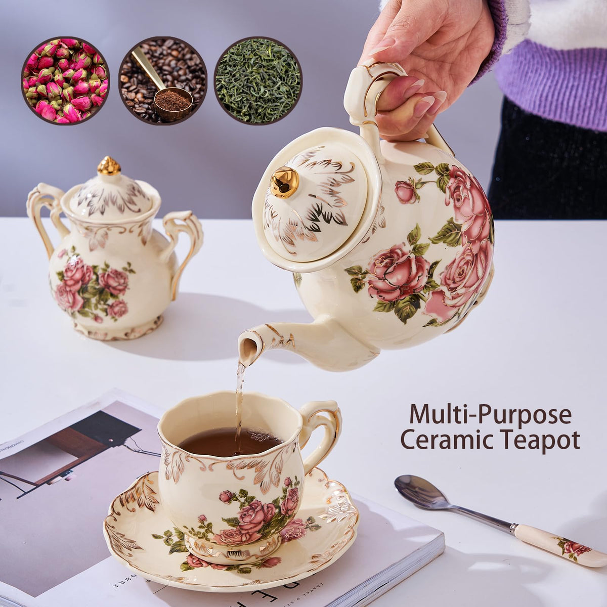 YOLIFE Small Pink Rose Teapot, 25 OZ / 2 Cup Vintage Porcelain Tea Pot