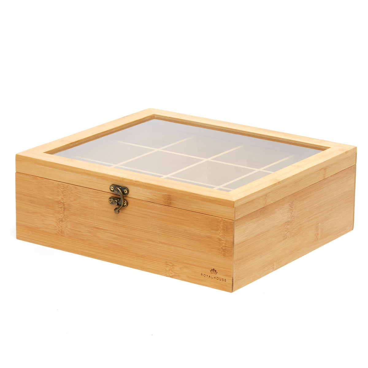 RoyalHouse Natural Bamboo Tea Storage Organizer, Clear Acrylic Top, 12 Compartments