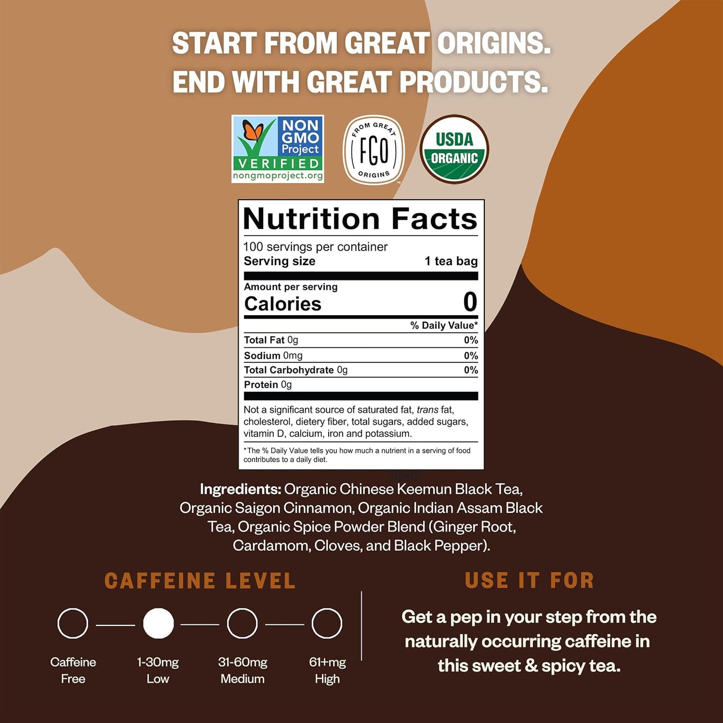 FGO Organic Chai Tea, 100 Count, Eco-Conscious Tea Bags, Resealable Bag, Packaging May Vary (Pack of 1)