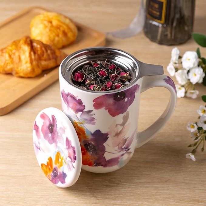 AmorArc Porcelain Tea Mug with Infuser and Lids, 18 Oz Large Cup Strainer with Bag Holder for Loose Leaf Tea