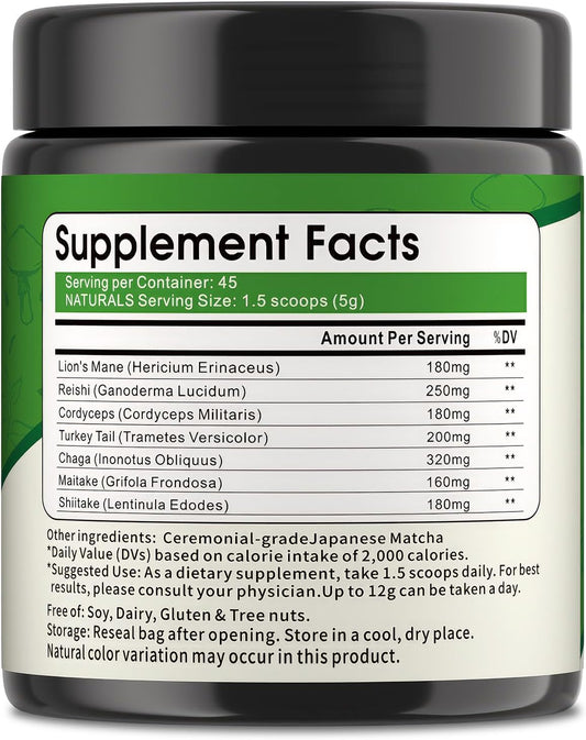 Mushroom Matcha Powder, Japanese Ceremonial Matcha Infused With 7 Superfood Mushrooms, MCT Oil, Coconut Milk Powder, Natural, Gluten Free, Taste Great Matcha Latter 8 Oz(45 Servings)