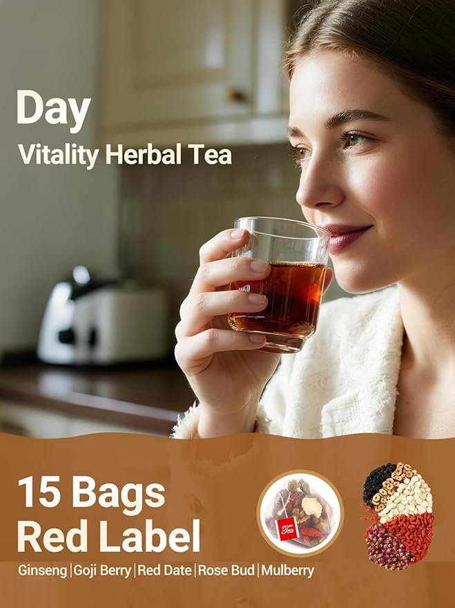 Ginseng Six Treasures Tea - 30 Bags (15 Day + 15 Night), The Daily Glow Duo: Energy & Beauty Tea, Caffeine-Free