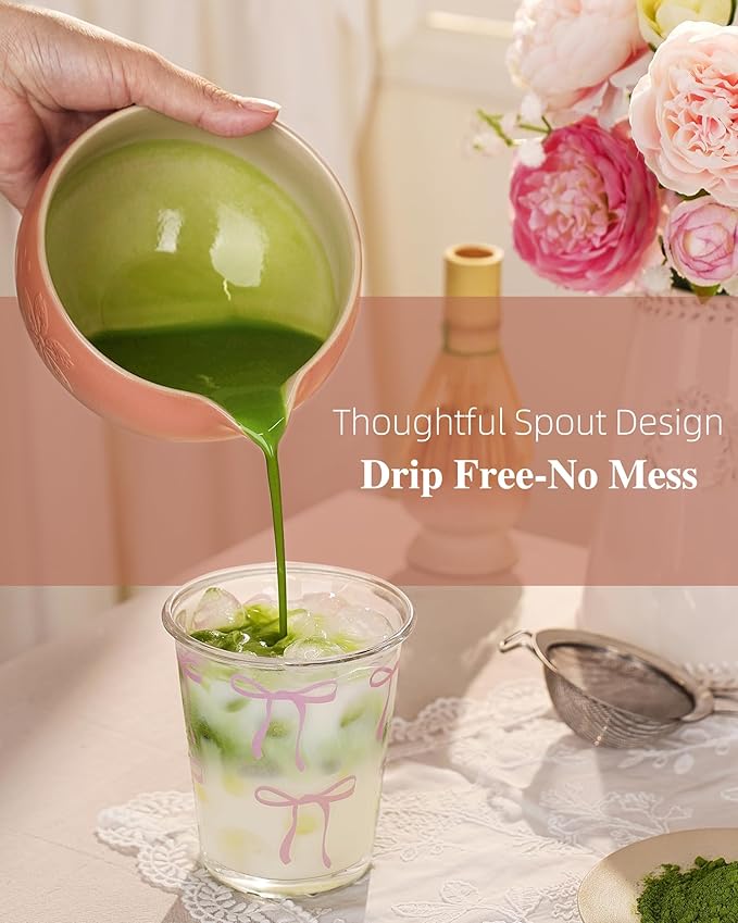 ZENS Matcha Whisk Set, Pink Ceramic Matcha Bowl with Embossed Sakura, 6pcs Matcha Tea Kit Includes Bamboo Whisk, (Chasen Holder) Scoop & Sifter, Tea Towel for Matcha Ceremony, Pink