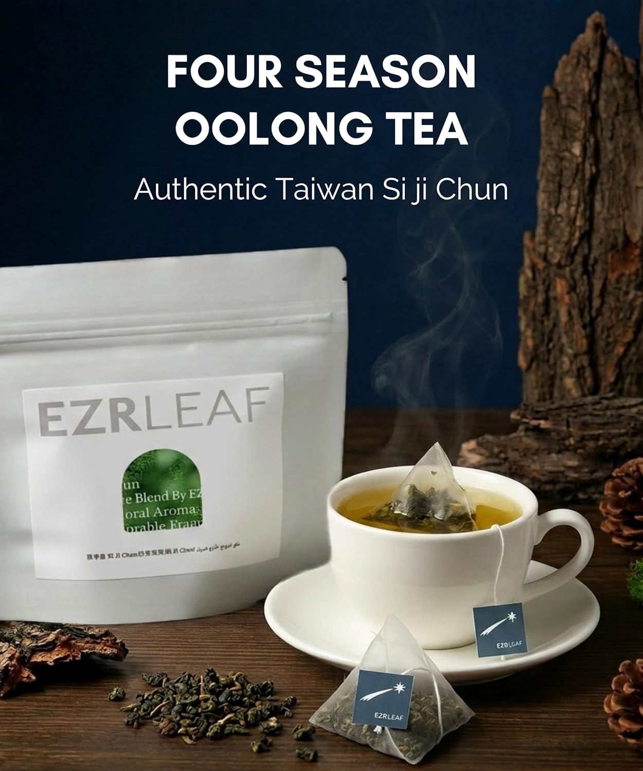 Premium Four Seasons Spring Oolong TeaBags 12 Count - Taiwan Si Ji Chun Whole Leaf Loose Pyramid Tea Bags, Floral Smooth Taste Portable Resealable Pack