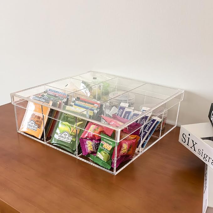 Clear Condiment Organizer and Tea Bag Holder, Acrylic Stash Box 9-Slot Clear Organizer with Lid for Snack Multi-Functional Tea Bag, Sugar Packet, Coffee Container Caddy Box