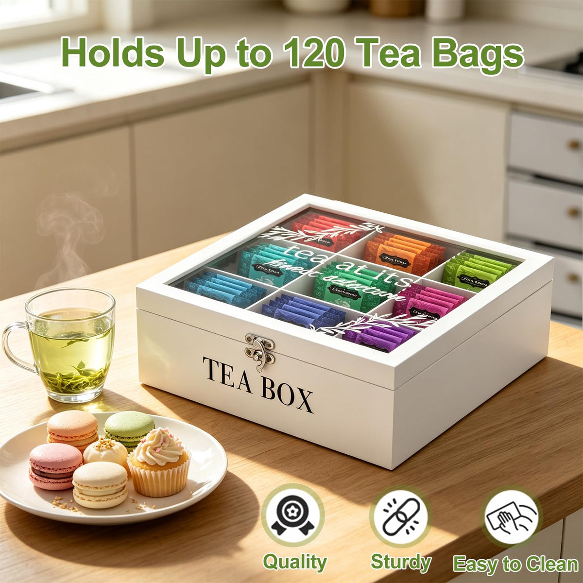 handrong Tea Box Organizer,Wooden Tea Storage,Tea Bag Holder with Glass Lid