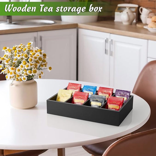 DRASTAR Tea Bag Organizer, Tea Box Organizer Storage Box, Wooden Tea Bag Holder, Tea Chest with 8 Compartments, Tea Caddy for Tea Bags Organizer, Black