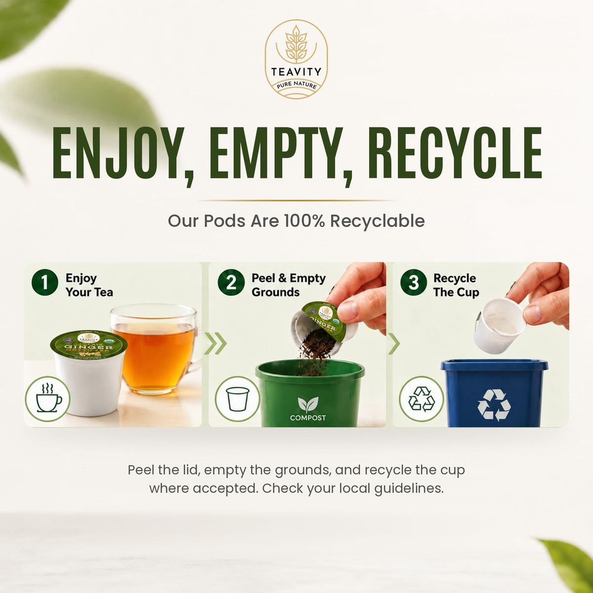 Teavity Organic Ginger Green Tea Pods, Keurig K-Cup Compatible, 12 Count