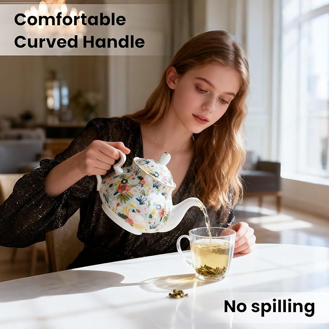 33.8 oz Porcelain Tea Pot Luxury Gold Trim Floral Ceramic Teapot Waterpot Tea Maker for Blooming Loose Leaf Tea Coffee Milk Chrismas Women Gift Housewarming Home Kitchen Décor (Mint)