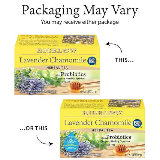 Bigelow Tea Lavender Chamomile Plus Probiotics Herbal Tea, Caffeine Free with Lavender Chamomile, 18 Count Box (Pack of 6), 108 Total Tea Bags