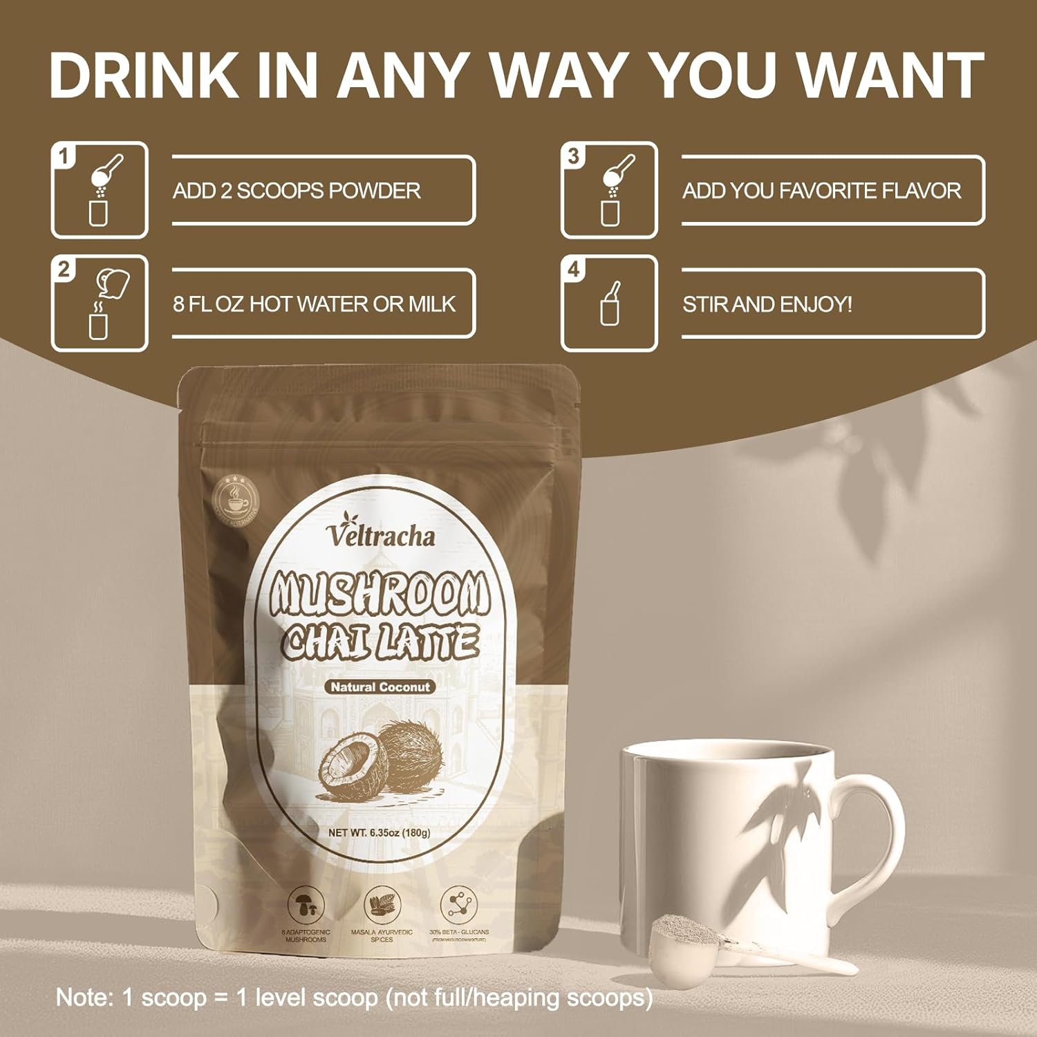 Veltracha Mushroom Chai Tea, Instant Decaf Chai Tea Powder with 6 Adaptogenic Mushrooms, Spiced Chai Latte for Energy & Focus Support, 6.35 oz 20 Servings (Natural Coconut)