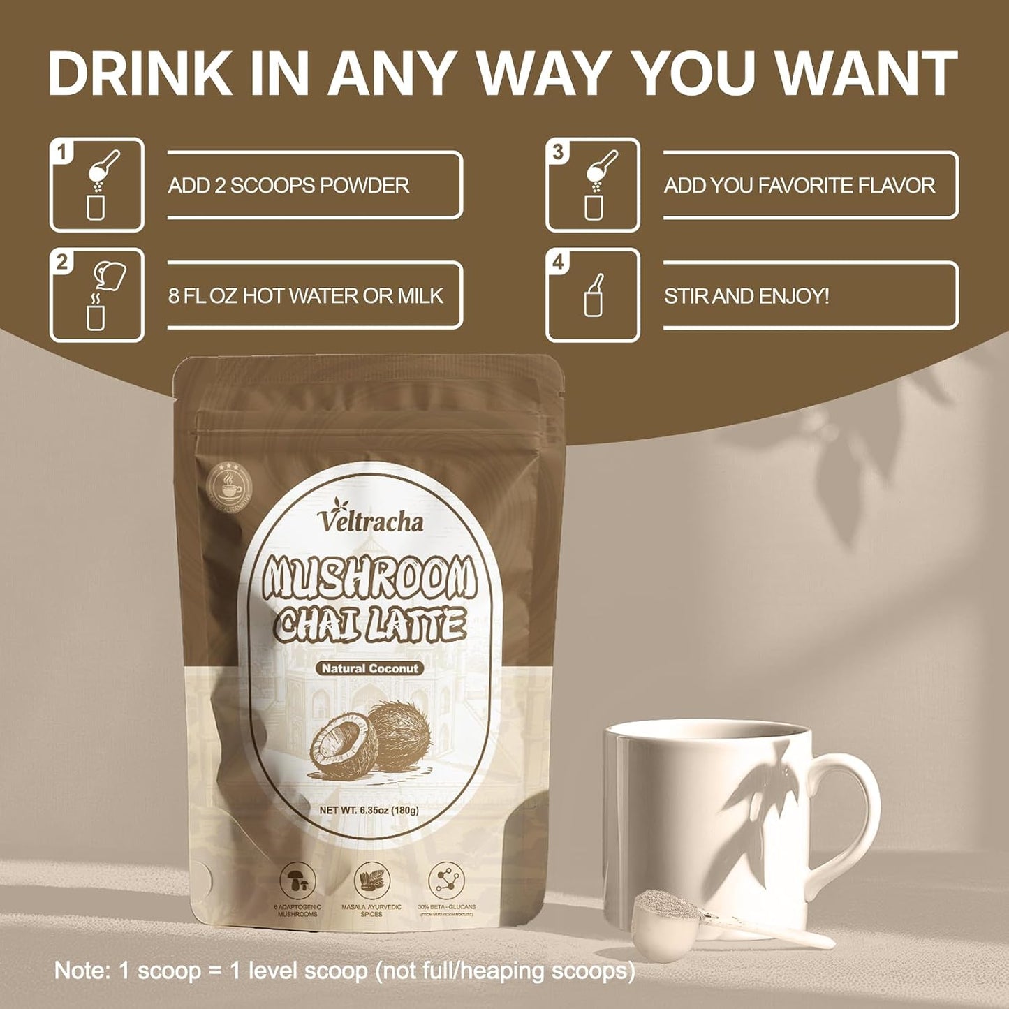 Veltracha Mushroom Chai Tea, Instant Decaf Powder, Natural Coconut | 6 Adaptogenic Mushrooms, Spiced Chai Latte, Energy &amp; Focus Support, 6.35 oz 20 Servings