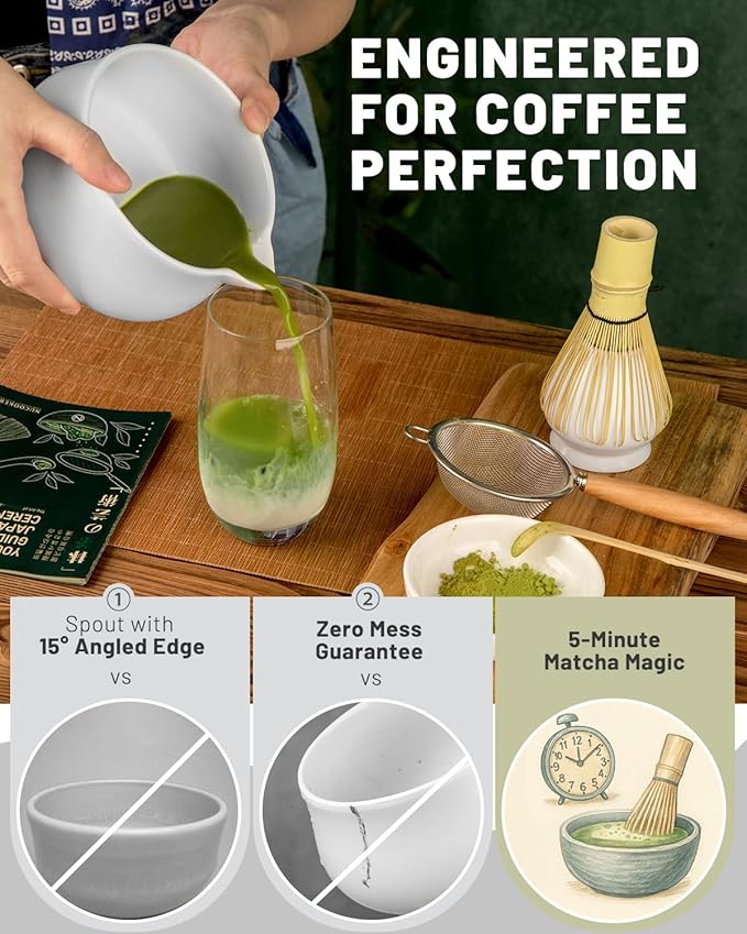 Nucookery Matcha Whisk Set - 5 Pcs Matcha Set with 18oz Ceramic Matcha Bowl (Chawan) with Spout, Bamboo Whisk & Holder, Scoop and Sifter