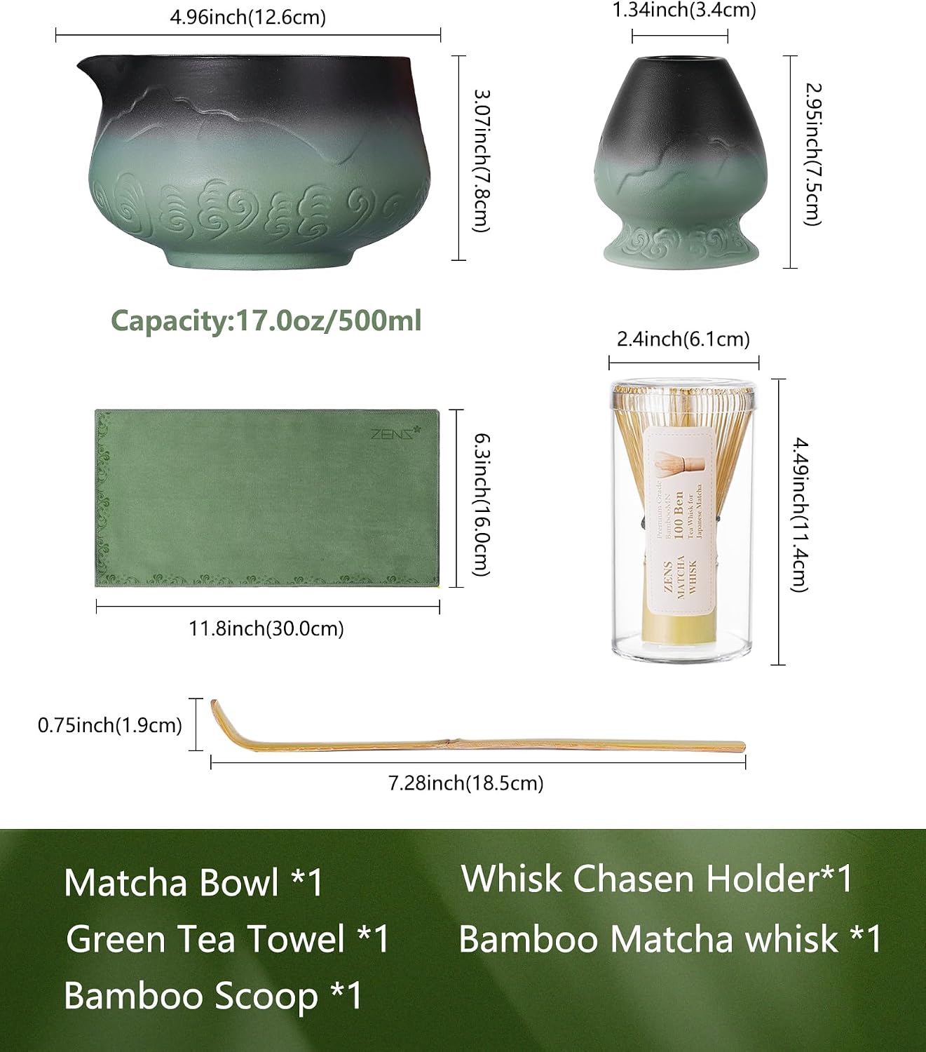 ZENS Premium Matcha Whisk Set, 5pcs Matcha Kit with Matcha Tools, Green | Matcha Kit Icludes Matte Ceramic Bowl, Bamboo Whisk, Chasen Holder, Scoop, 304 Sifter and Tea Mat, Matcha Lovers Gifts