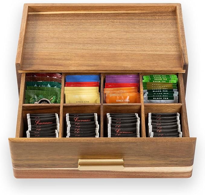 Acacia Wood Tea Bag Organizer, Tea Organizers and Storage Box, Tea Caddy for Tea Bags Storage Drawer, Teabag Holder Container Boxes for Countertop
