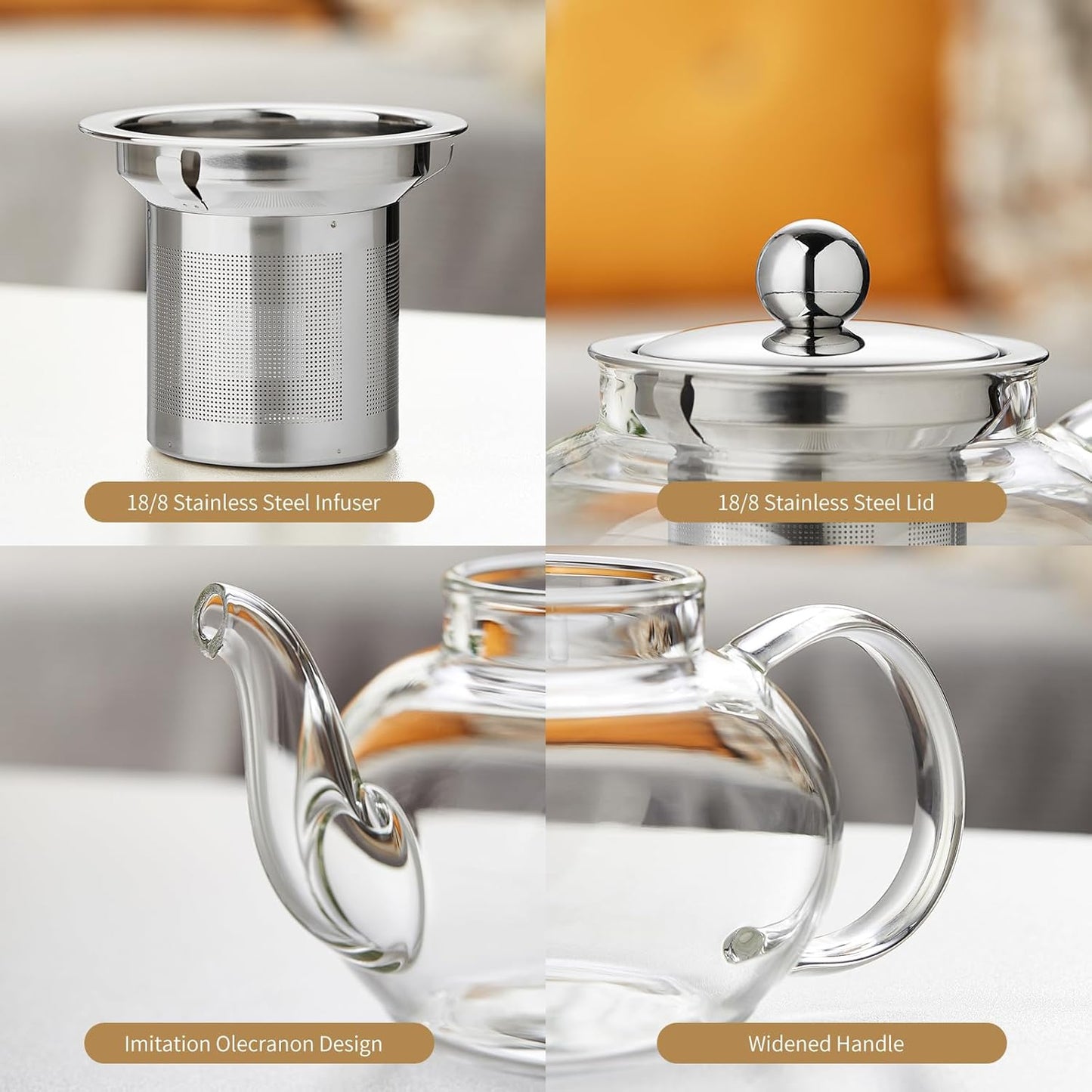 DOPUDO Glass Teapot with Infuser, 20 oz Borosilicate Tea Kettle | Clear borosilicate glass with removable 18/8 steel infuser for stovetop brewing of loose-leaf, herbal, and blooming tea.