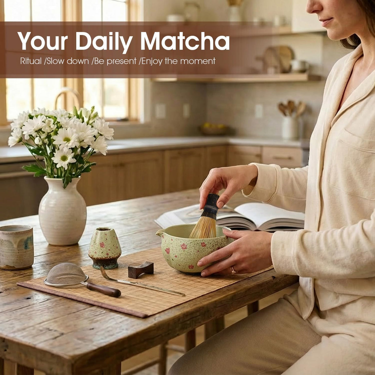 Matcha Set, 7-Piece Matcha Whisk Set with Bowl &amp; 100-Prong Whisk
