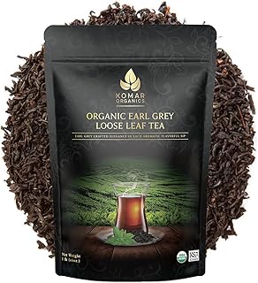 Komar Organics Earl Grey Tea Loose Leaf - 16 Oz USDA Organic, Certified Kosher 1 LB Black Tea Infused With Natural Oil and Bergamot