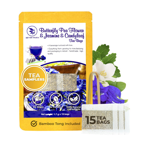 Butterfly Pea Flower Tea Samplers, Jasmine &amp; Stevia, 15 Count, 1.02 oz | Mini Tea Bags, Bamboo Tong Included, No Sugar Added, Re-Steep Natural Herbal Tea Blend for Skin,Support