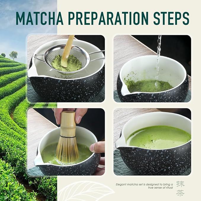Black Matcha Whisk Set, 8 PCS Black Matcha Set Kit, Japanese Ceremonial Matcha Set Whisk and Bowl with Spout, Matcha Gift/Accessories