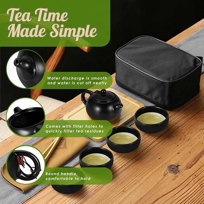 Flexzion Chinese Japanese Vintage Kungfu Gongfu Tea Set Portable Travel Teapot, (Matte Black) Porcelain Ceramic Tea Pot, 4 Tea Cup, Bamboo Tea Tray