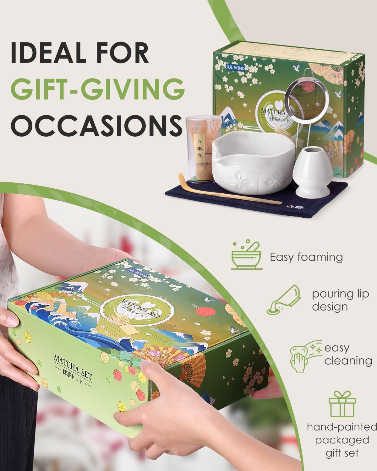 Matcha Whisk Set, Matcha Set Includes Bamboo Whisk, Ceramic Bowl | Holder, Spout, Bamboo Scoop, Sifter &amp; Tea Towel - 6 Pcs Matcha Kit Gift for Matcha Lovers Beginners