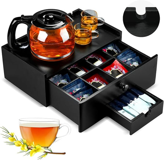 Tea Bag Organizer Wood Tea Organizer Storage Box 8 Compartments Container Holder with Lid to Storage and Keep Fresh(Black)