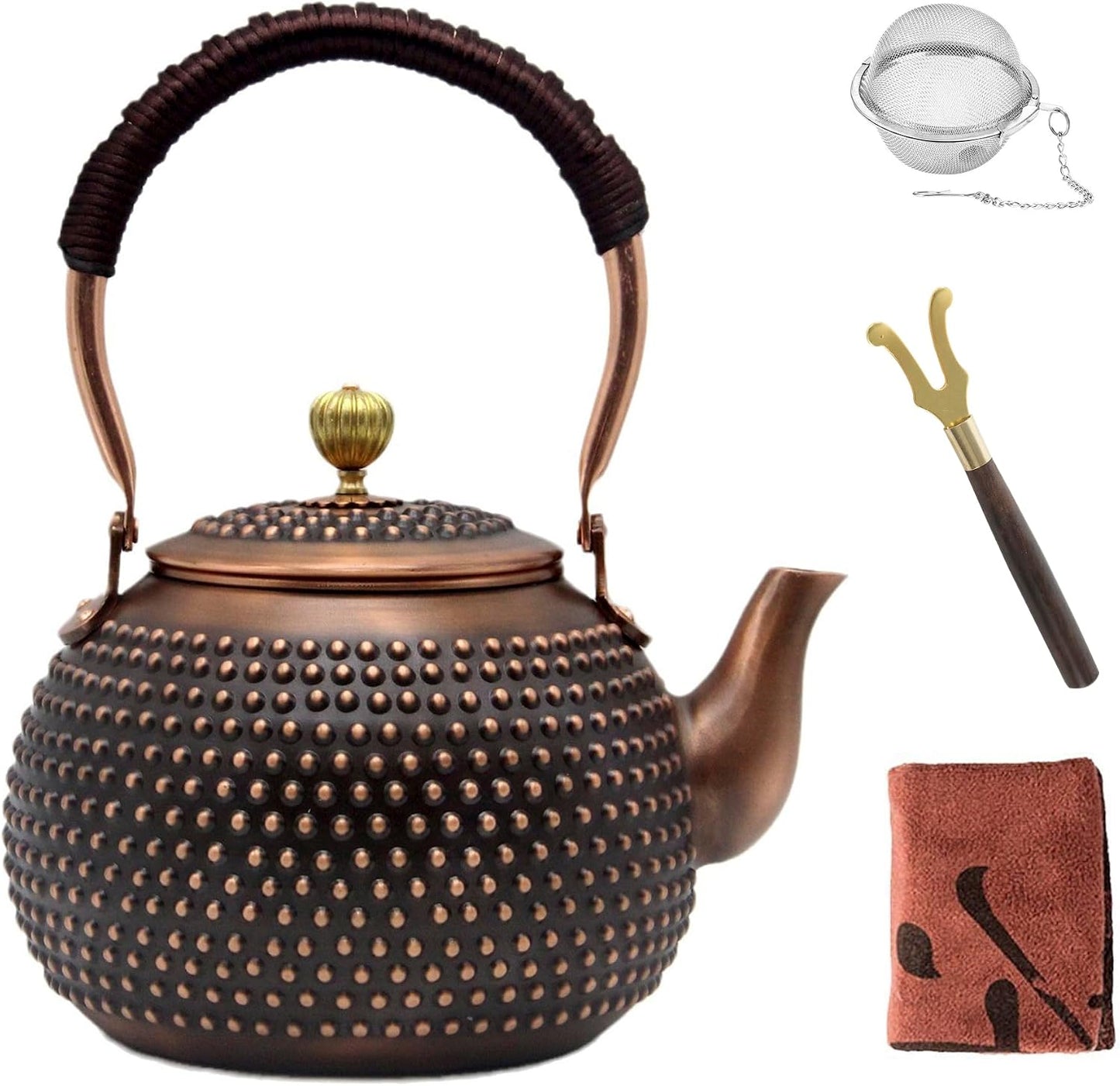 YJX 47.3oz Elegant Japanese Style Copper Tea Kettle For Stovetop Safe, Non-Coating Pure Copper Teapot with Stainless Steel Tea Ball For Loose Tea, Solid Tea Pot For 2-4 Cups (1400ml)