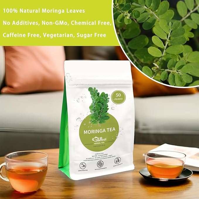 Samcci - Moringa Tea - 50 Tea Bags - Pure Moringa Leaves, Herbal Tea for Supporting Digestion & Immune System - Non-GMO - Vegan - Caffeine-Free