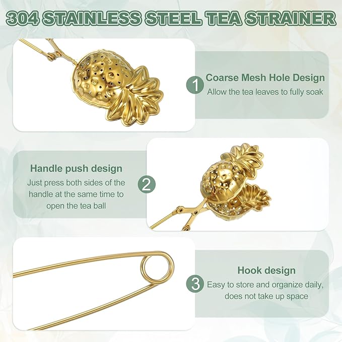 uxcell 2 Pcs Tea Infuser, Stainless Steel Loose Leaf Tea Infuser Filter for Cup and Teapot, Long Handle Tea Steeper Strainers for Tearoom Office Home, Pineapple shaped, Gold