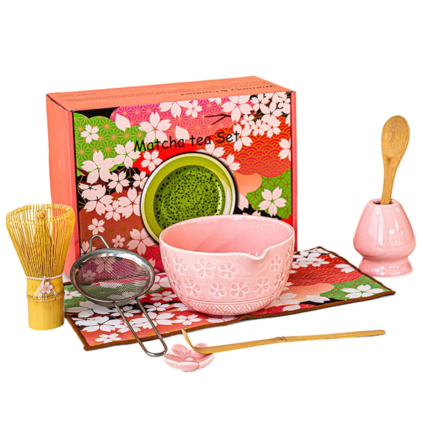 8Pcs Matcha Whisk Set, Ceramic Matcha Bowl with Spout, Bamboo Whisk and Holder, Scoop, Scoop Rest