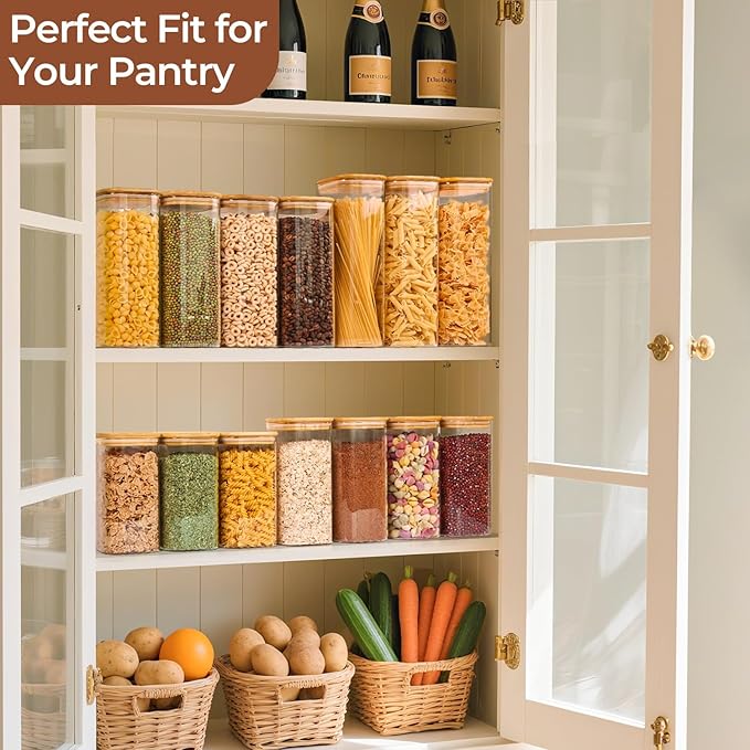 ComSaf 1.4 Qt Glass Storage Containers with Lids, Glass Jars with Lids, Clear Food Storage Jar, Square Canister Set of 3
