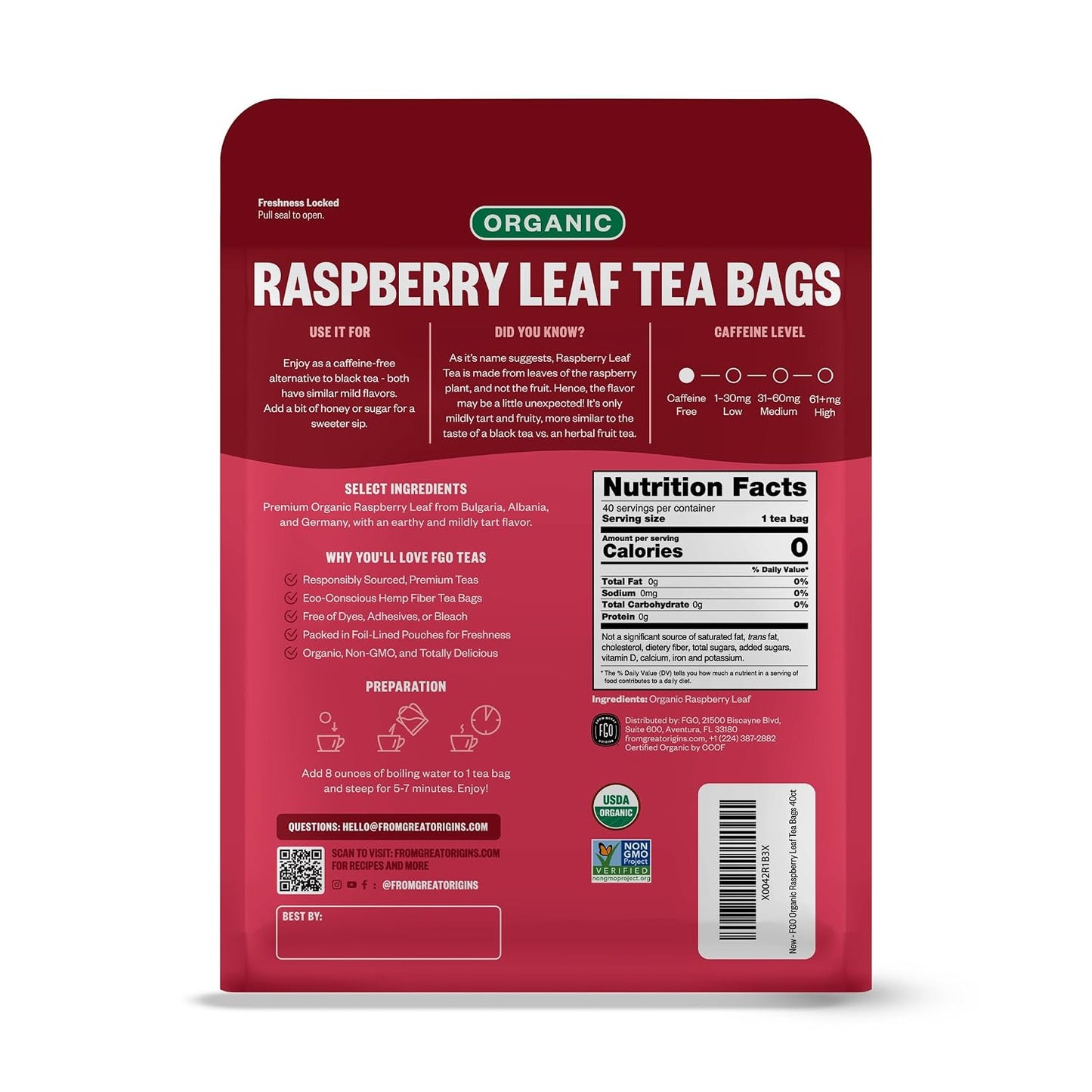 FGO Organic Red Raspberry Leaf Herbal Tea, 40 Count, Eco-Conscious Tea Bags, Caffeine Free (Pack of 1)