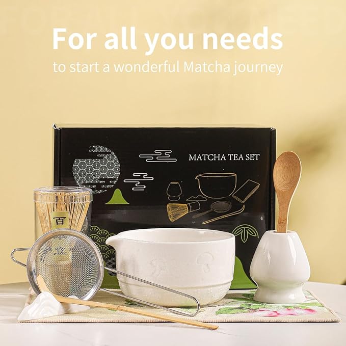 Matcha Set, 8-Piece Ceramic Matcha Bowl & Whisk Kit with Mushroom Pattern, Traditional Japanese Chawan, Bamboo Chasen, Scoop & Sifter